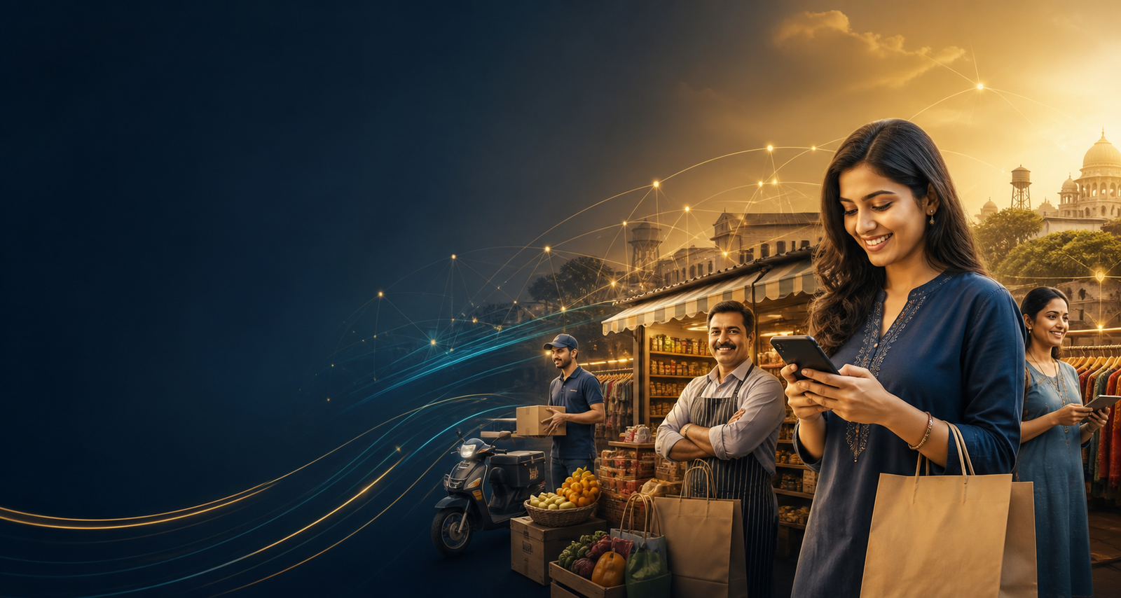 DEELANI banner showing merchants, customers, and local commerce connected through digital growth